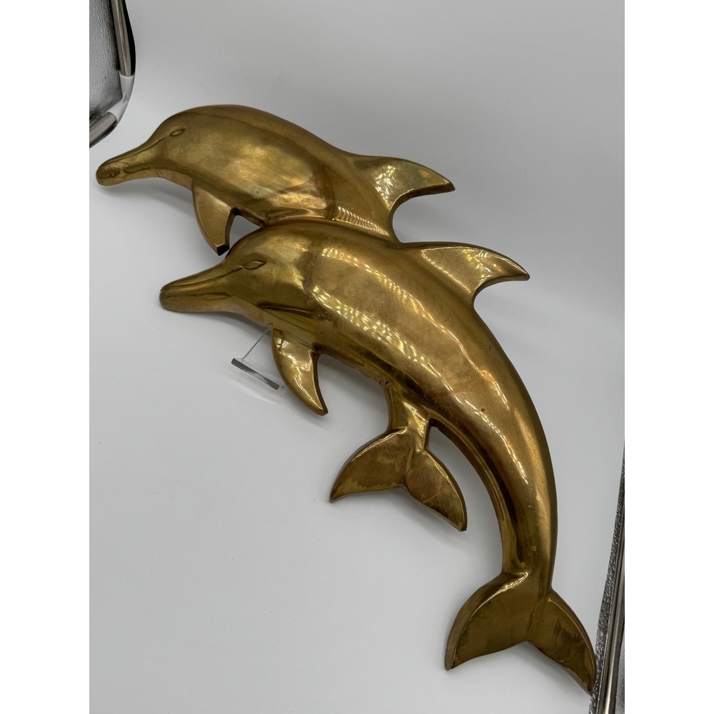 Vintage Brass Double Dolphin Wall Hanging Plaque Large 23 Inch Nautical MCM